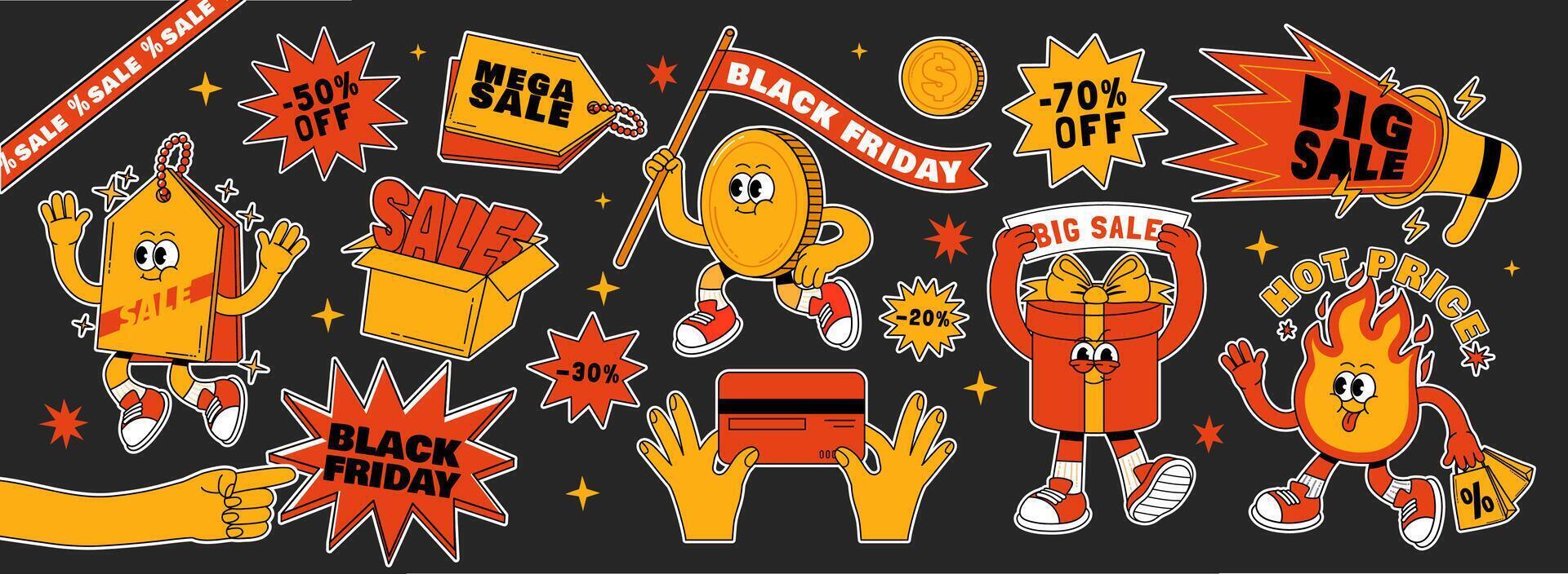 Retro sale shopping stickers. Black Friday characters. Vintage promotion, advertising, social media design. Funky groovy marketing visuals mascot patches vector