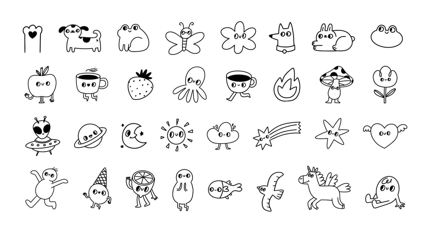 Cute funky characters. 70s groovy sketch hippie line icons. Abstract doddle little tattoo. Simple linear style dog, flower, coffee cup, unicorn for social media. set vector