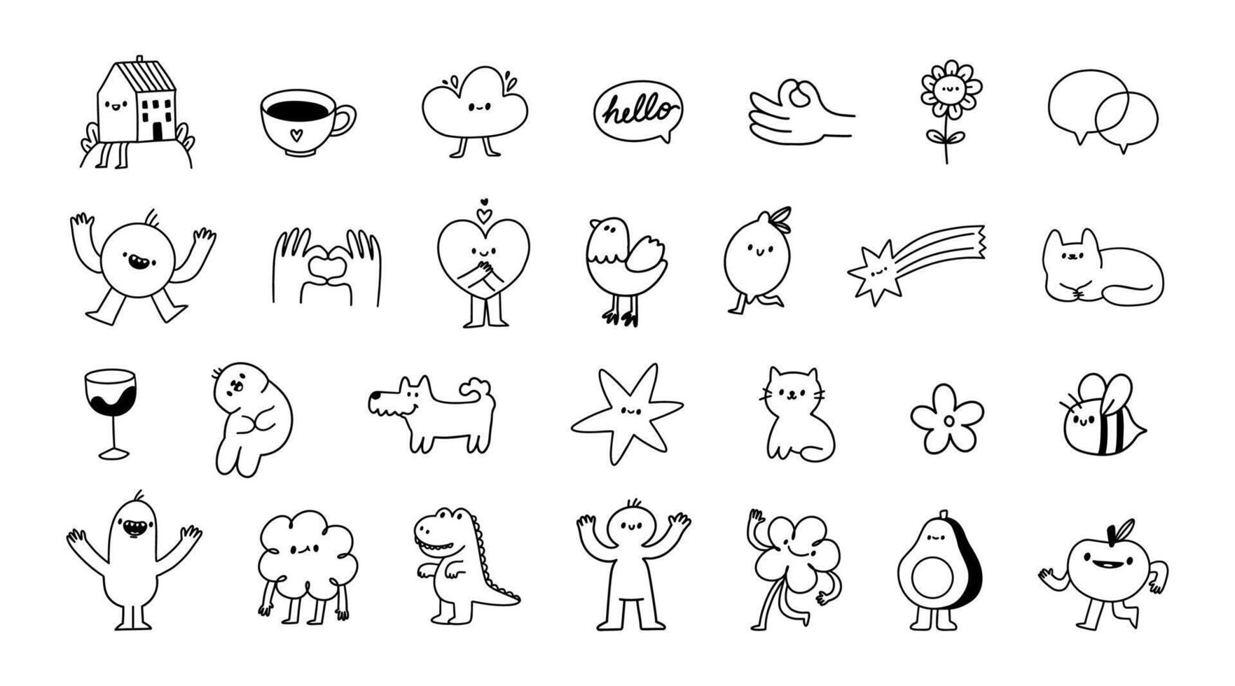 Cute doodle. Abstract sketch little tattoo. Simple kid line illustration. Hand drawn decorative black funny characters for branding, prints, stickers. set vector