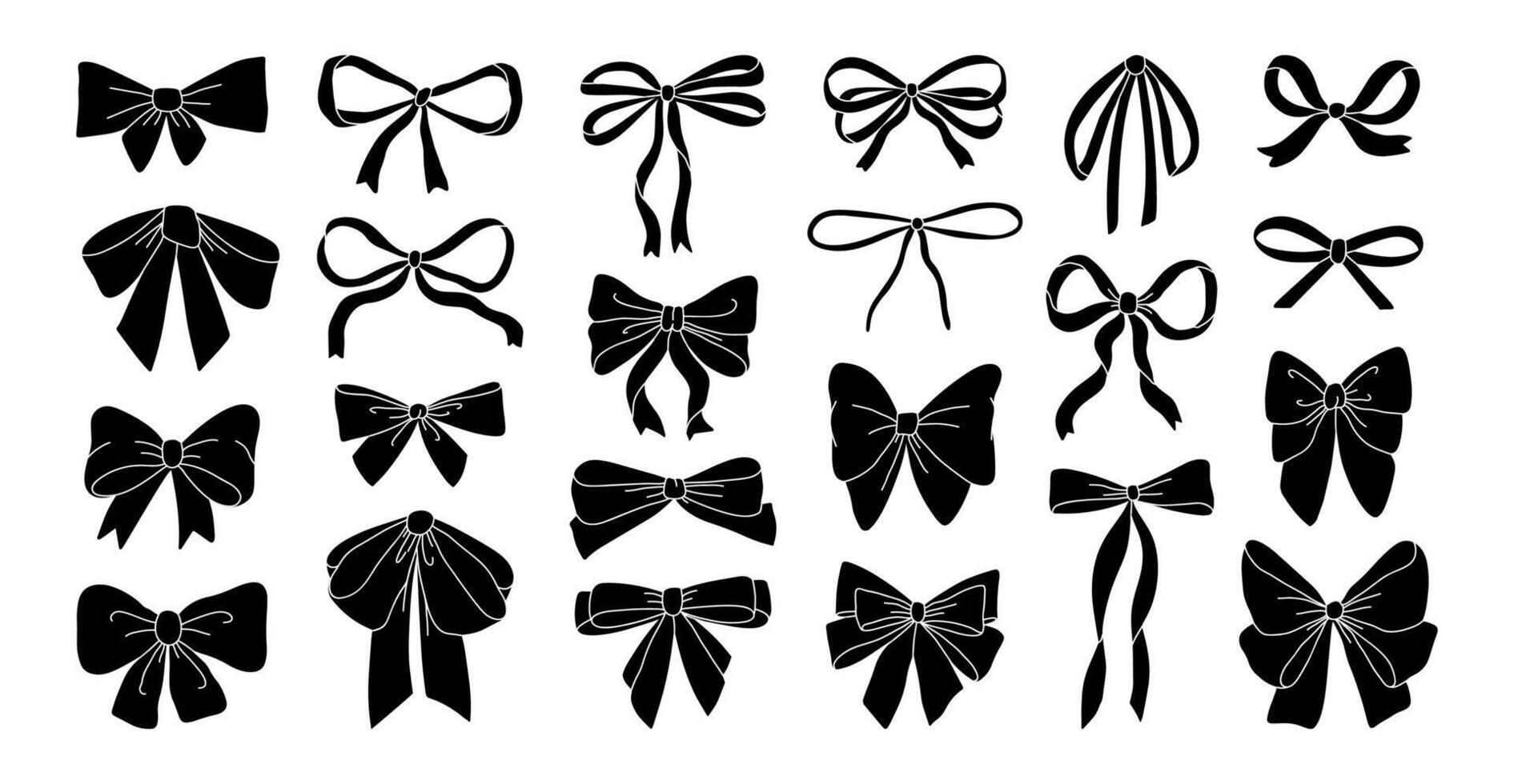 arco siluetas decorativo regalo cinta. sencillo negro festivo envase arcos decoración textil tiras para embalaje regalos, para fiesta tarjetas envase arcos plantilla conjunto vector