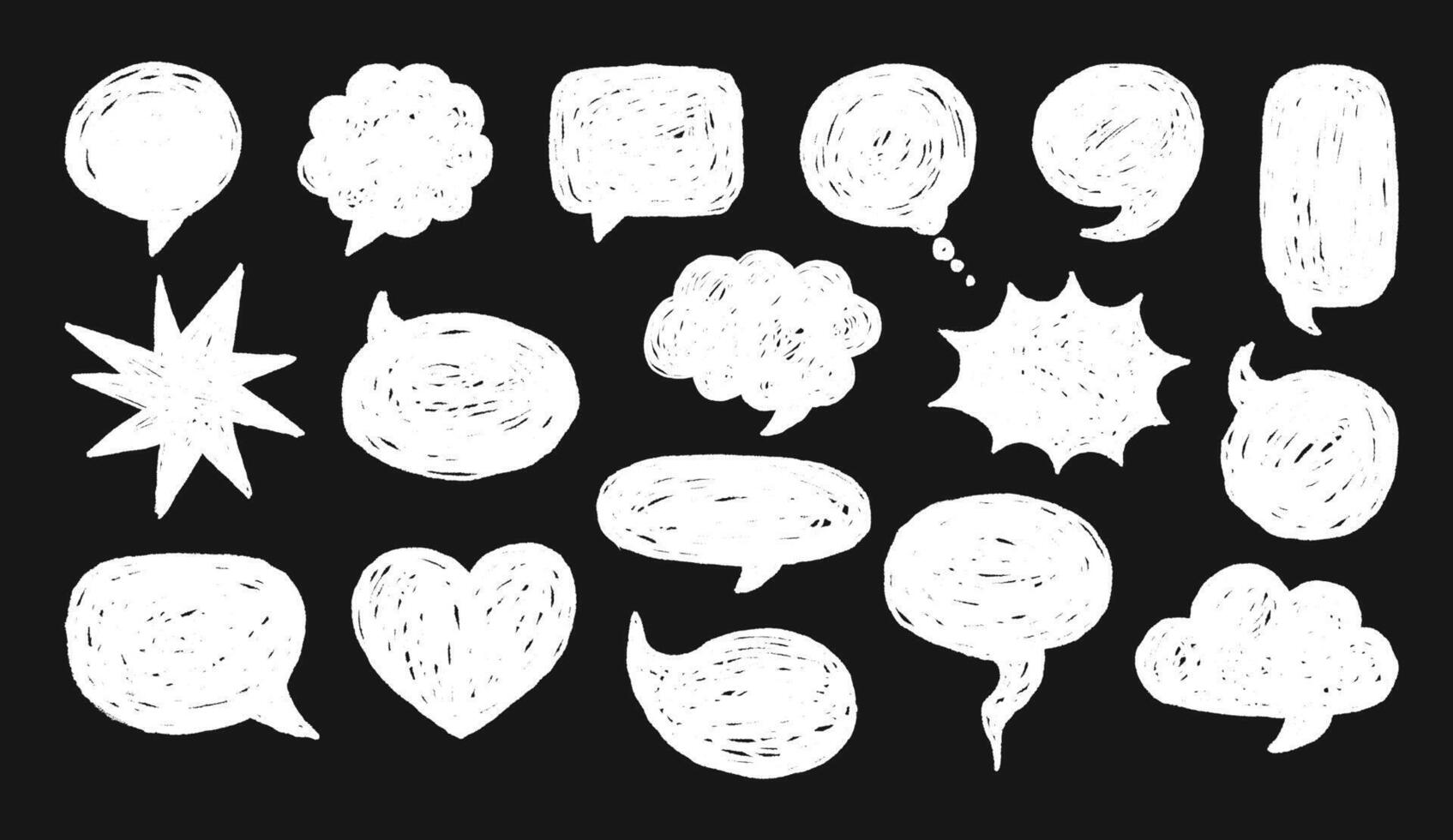 Grunge speech bubble. Chalk text cloud and box. Cartoon crayon message, comic white talk sticker. Pencil shapes for dialog. Doodle conversation frame. elements vector