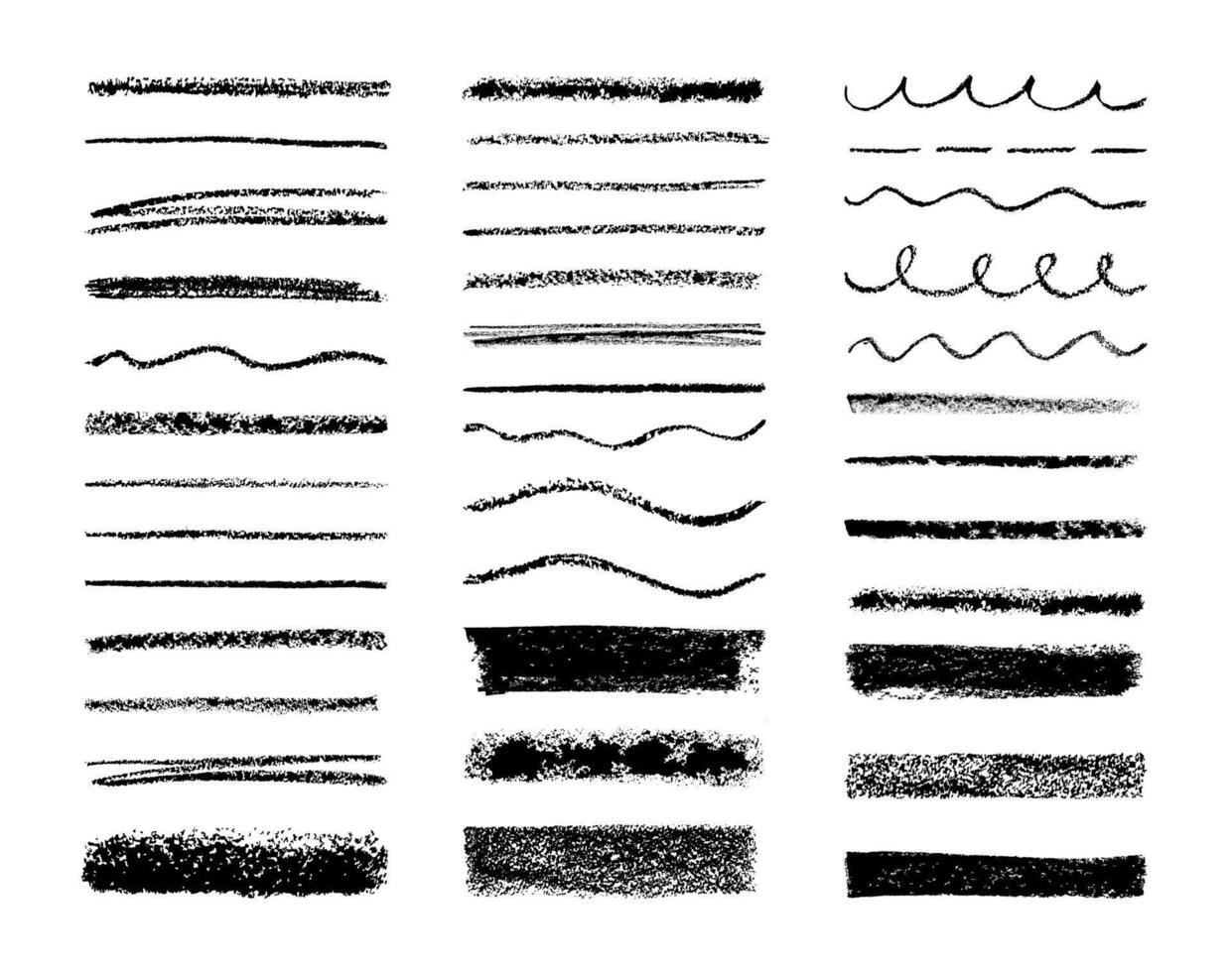 Chalk brushes. Pencil texture strokes. Sketch grunge pen underlines, charcoal elements, marker shapes and lines. Hand drawn brush crayon texture. set vector
