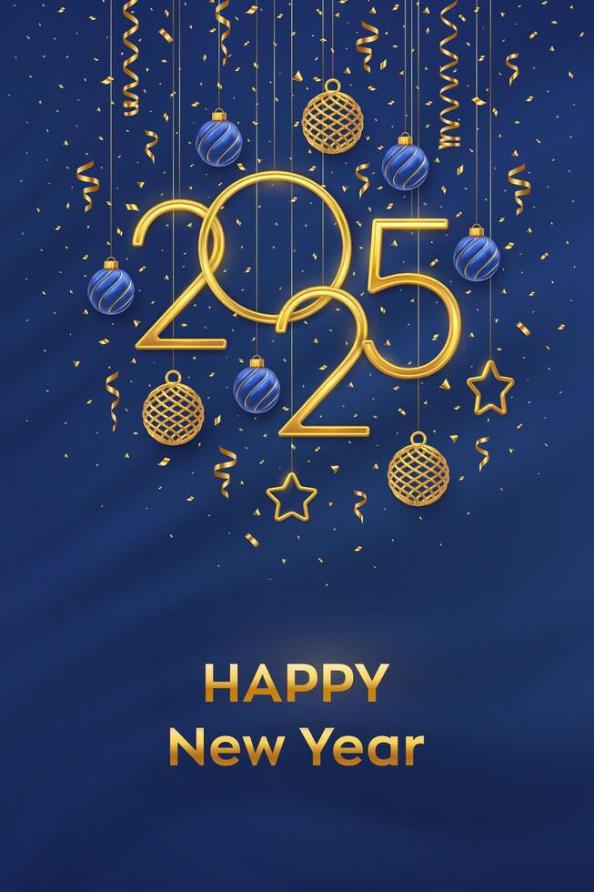 Happy New Year 2025. Hanging Golden metallic numbers 2025 with shining 3D metallic stars, balls and confetti on blue background. New Year greeting card, banner template. vector