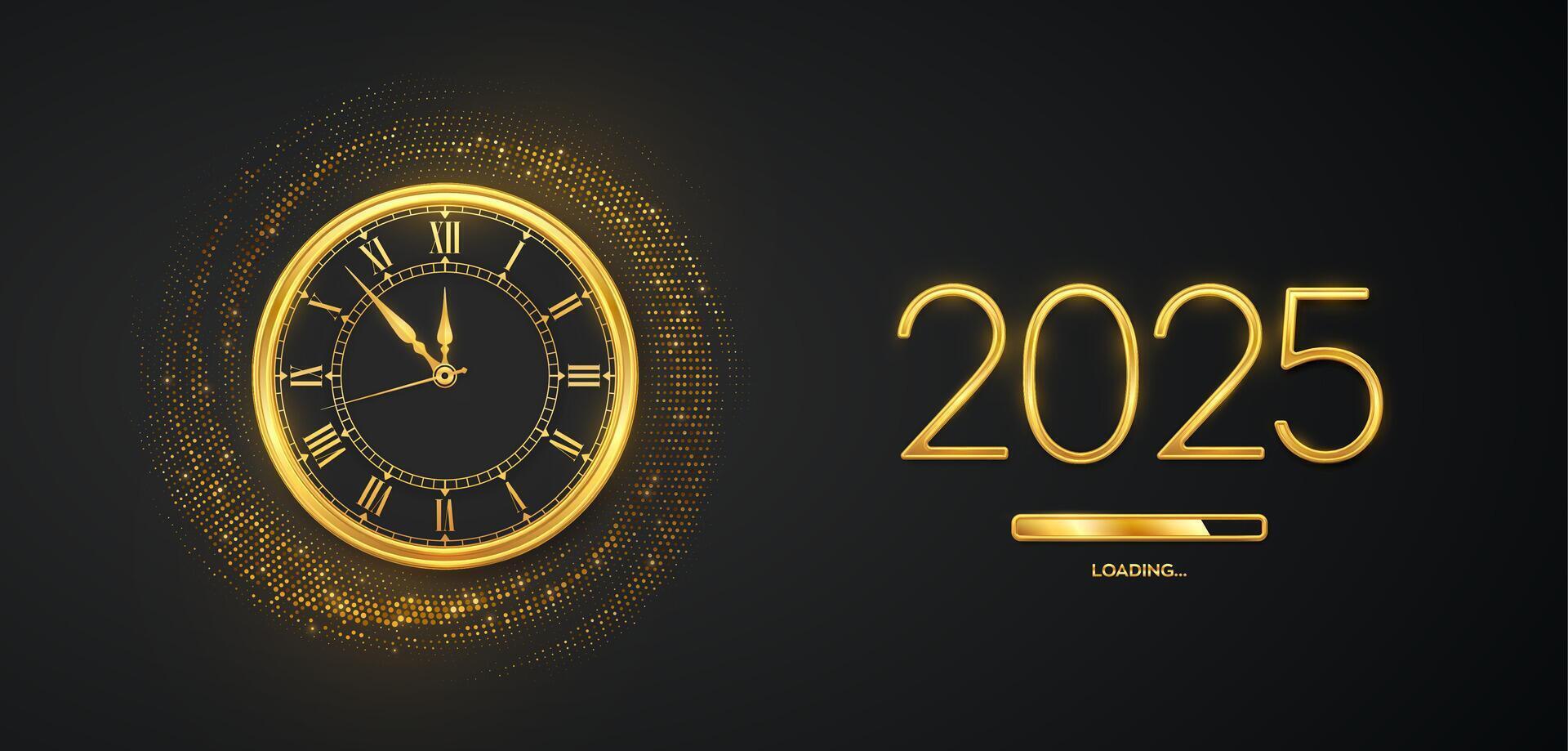 Happy New Year 2025. Golden metallic numbers 2025, gold watch with Roman numeral and countdown midnight with loading bar on shimmering background. Bursting backdrop with glitters. vector
