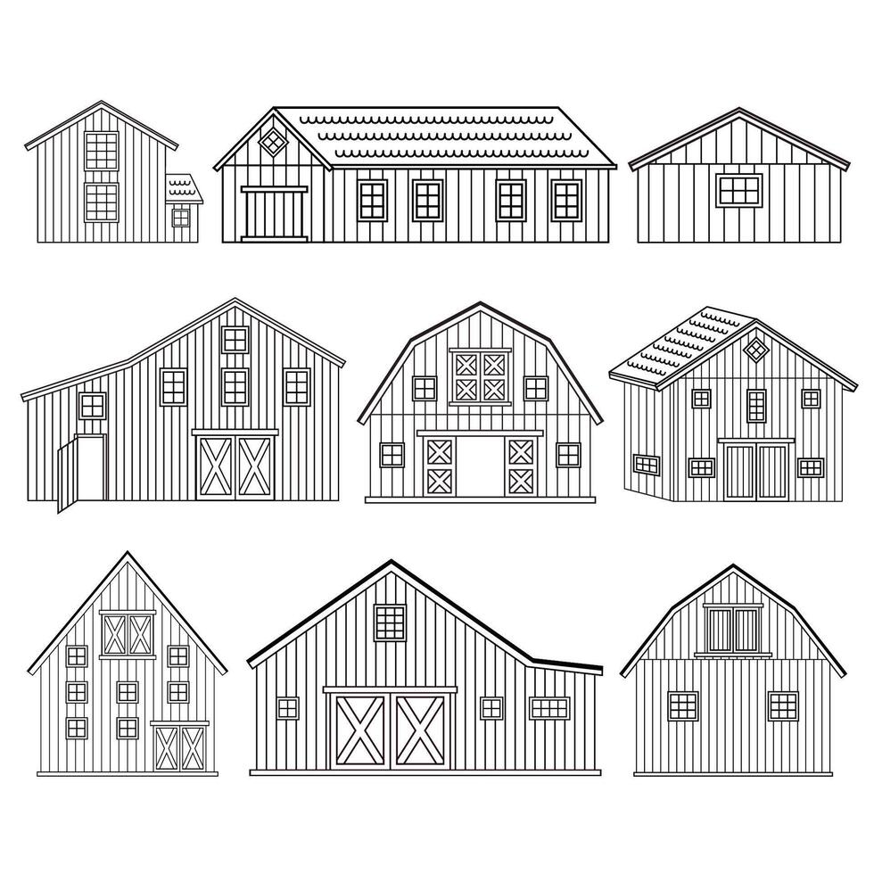Big set of black white red wooden barns with windows, doors. Isolated houses icons on the white background for coloring book vector