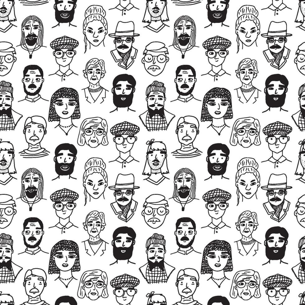 People doodle seamless pattern. black white trendy endless illustration set of faces or portraits drawing of grandmother, grandfather, son, daughter, father, mother on white background vector