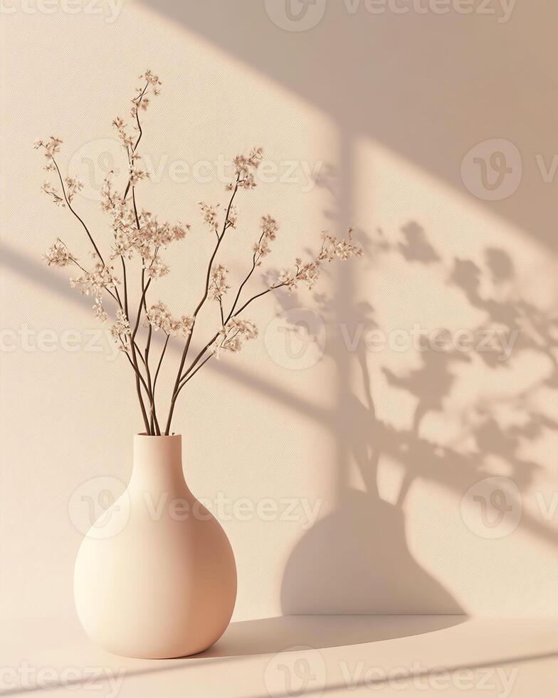 vase with gypsophila flowers in sunlight on beige background photo