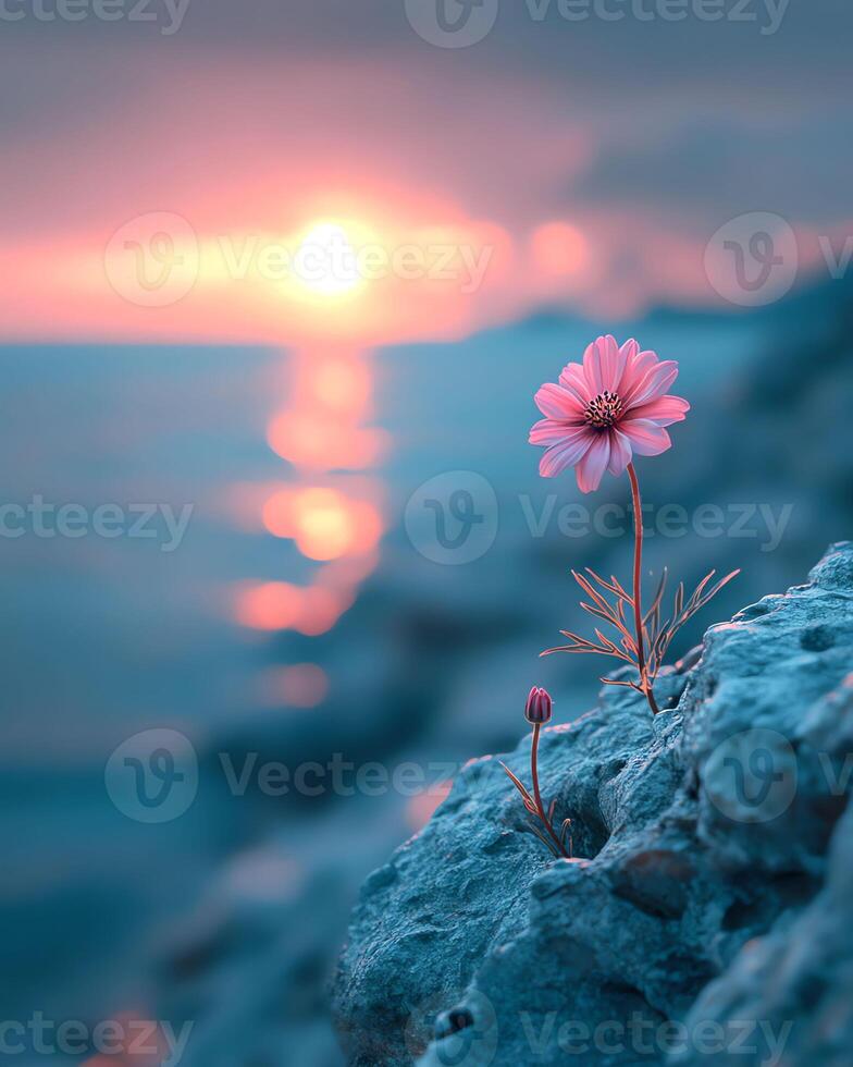 Beautiful pink cosmos flower on the background of the sea and sunset photo