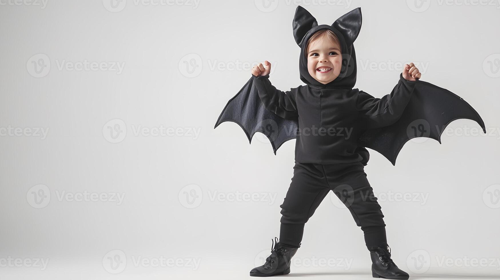 Halloween photo of baby girl in bat costume on white background. Holiday portrait with room for copy