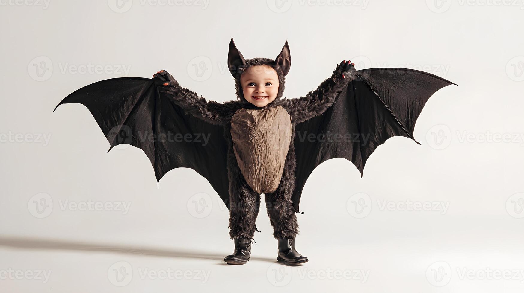 Halloween portrait of baby boy wearing bat costume, isolated on white backdrop. Seasonal content photo