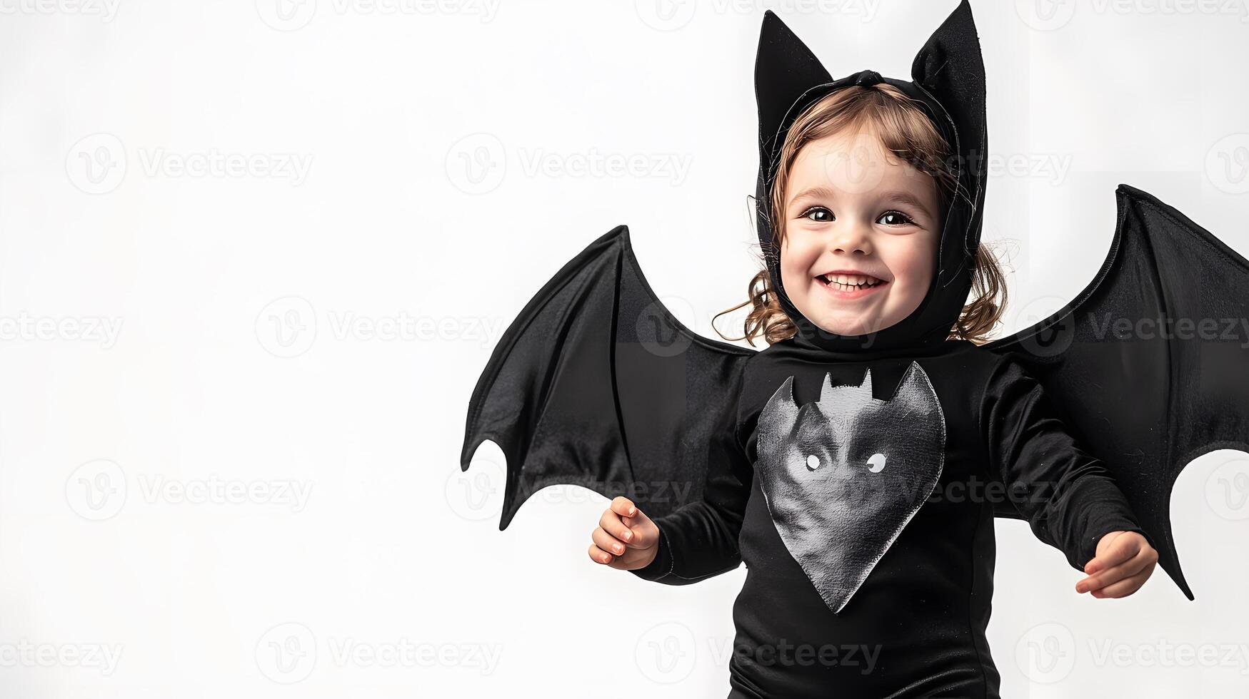 Baby dressed as bat for Halloween on white backdrop. Holiday portrait concepts with room for text photo