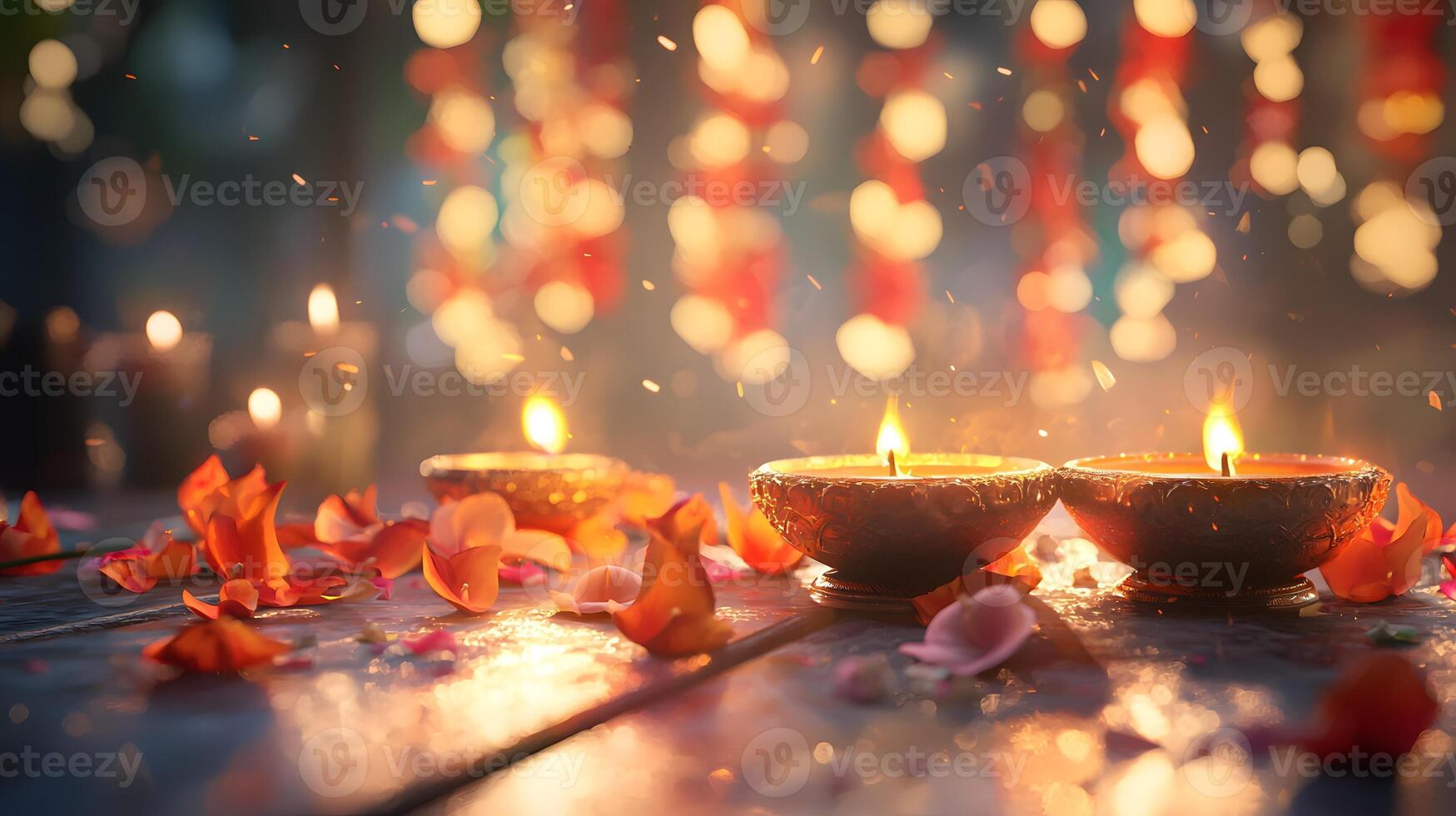 Happy Diwali festival with lit Diya. Traditional oil lamps shimmer background. Hindi Celebration photo