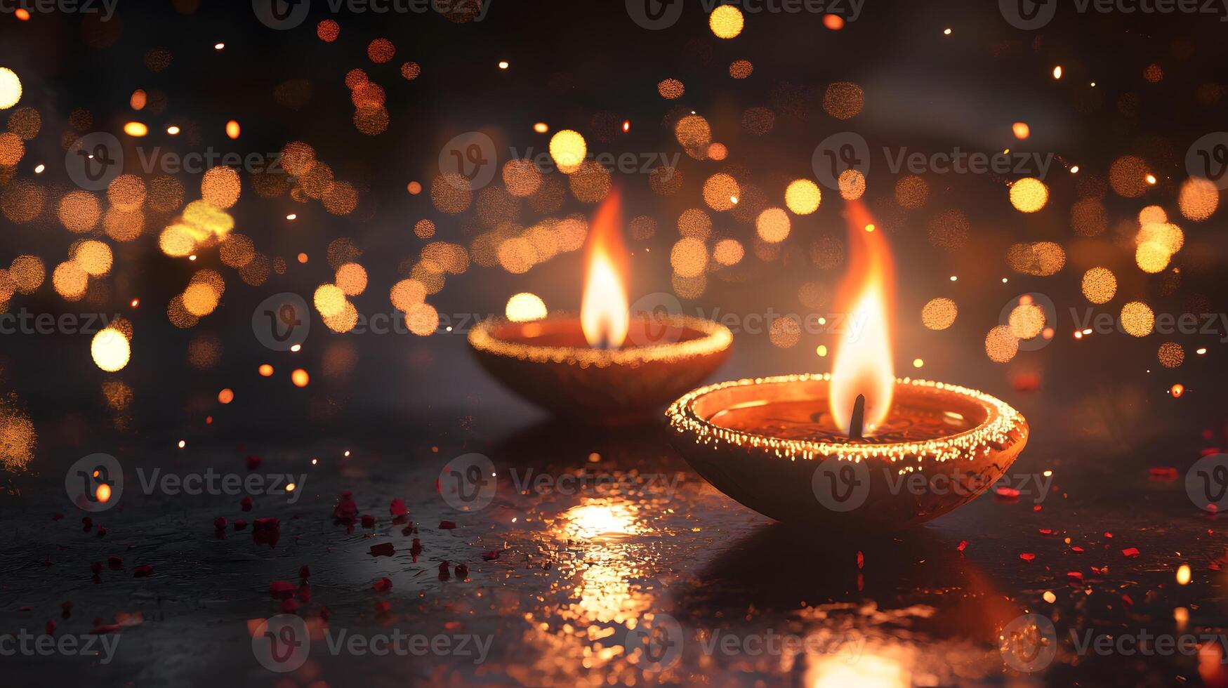 Diwali celebration with glowing Diya lamps. Traditional oil lamps illuminate festive background. Hindu festival of lights photo
