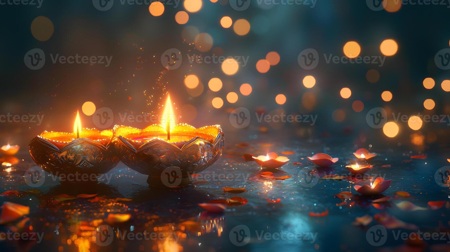 Happy Diwali festival with lit Diya. Traditional oil lamps shimmer background. Hindi Celebration photo