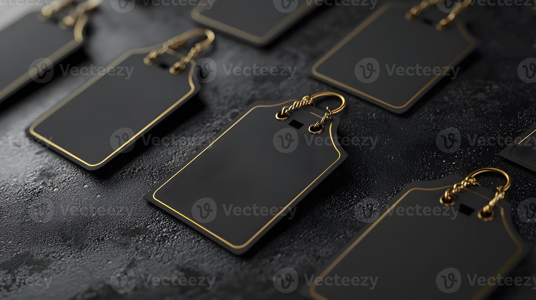 Holiday gift tags on black background. Black Friday sales mockups and festive shopping promotions photo