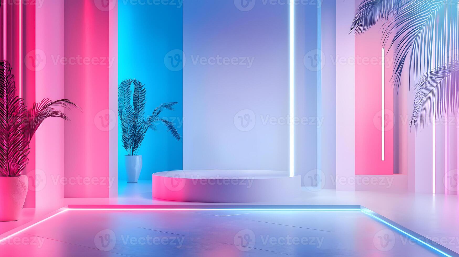 Neon podium presentation on futuristic scene. Cyber Monday discounts and online shopping ads mockup photo