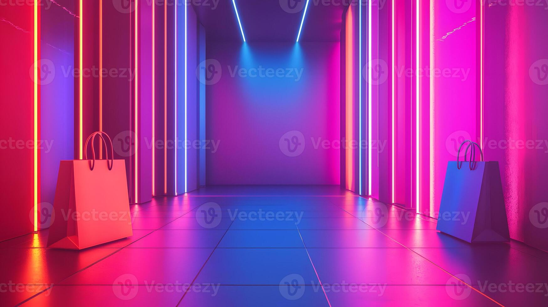 Neon-lit shopping bags on futuristic scene with copy space. Cyber Monday marketing and online retail photo