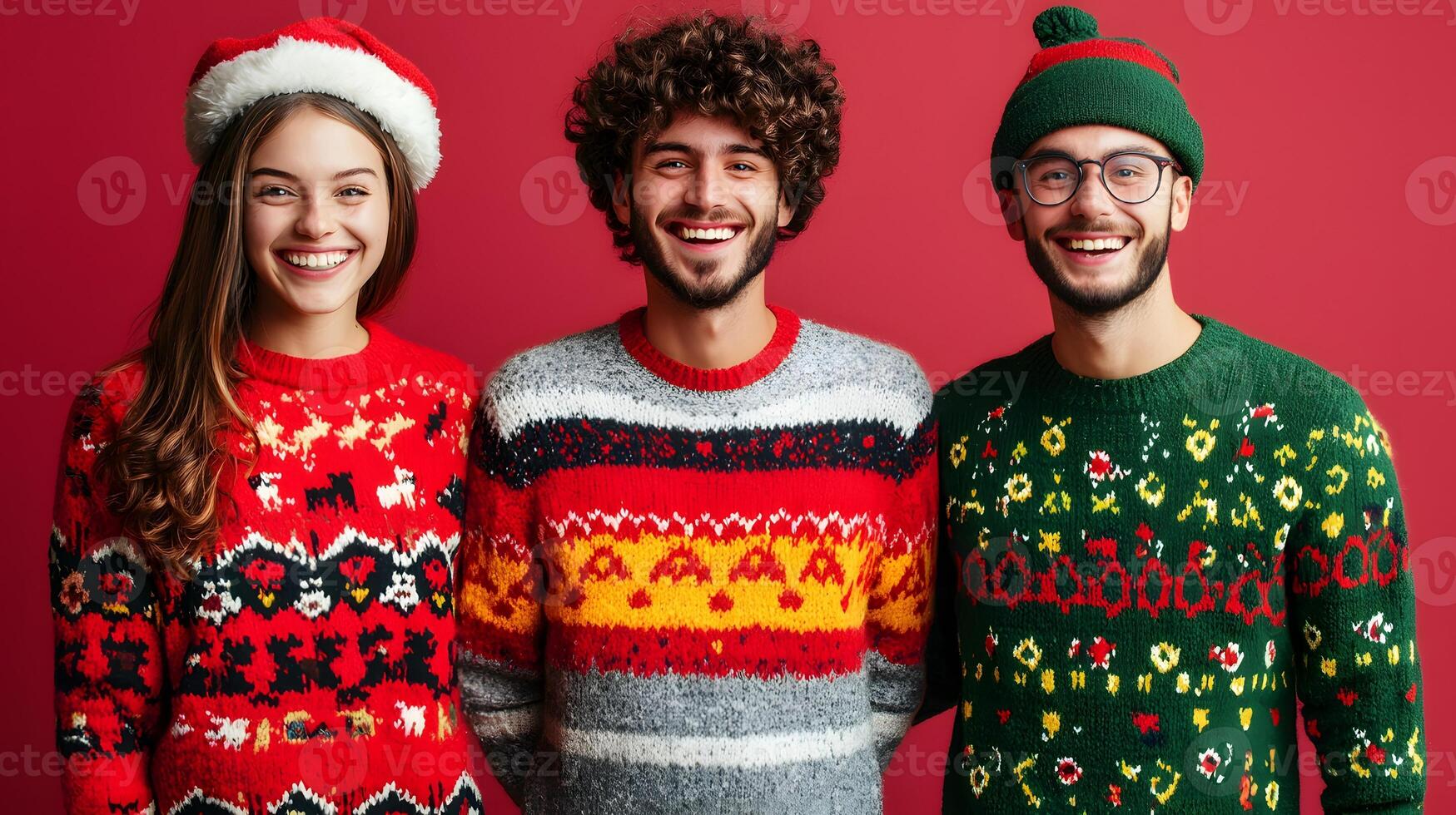 Happy friends in quirky sweaters standing in red photo studio background. Christmas portrait
