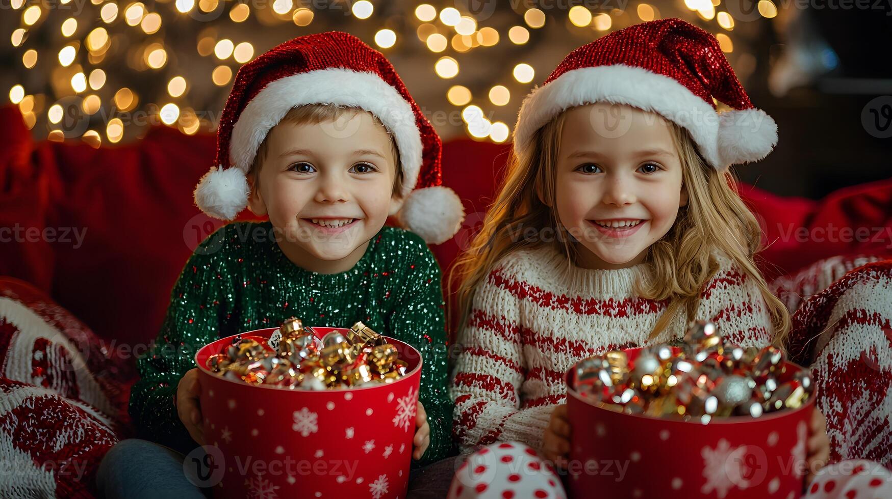 Happy children in ugly sweaters and santa claus hats eating popcorn and candies and watching cartoons at home on new year and christmas eve photo