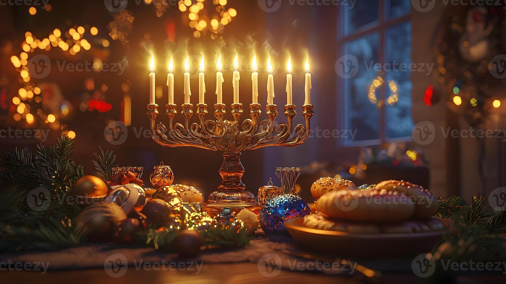 Hanukkah feast with glowing candles, latkes and jelly-filled sufganiyot. Celebration of Jewish customs and Festival of Lights photo