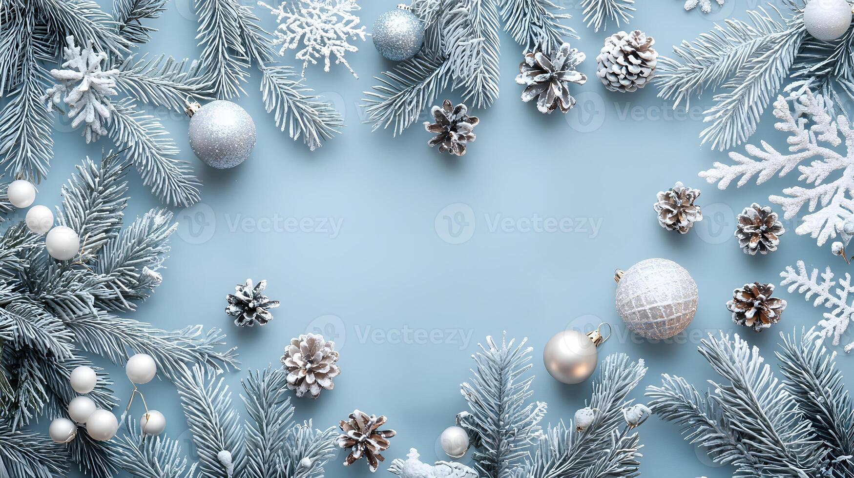 Top view of Christmas decorations with pine cones, tree branches and snow. Seasonal backdrop for holiday festivities with copy space in center photo