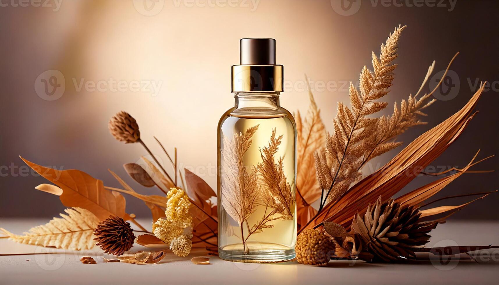 Skincare product bottle mockup with dried leaves and flowers photo