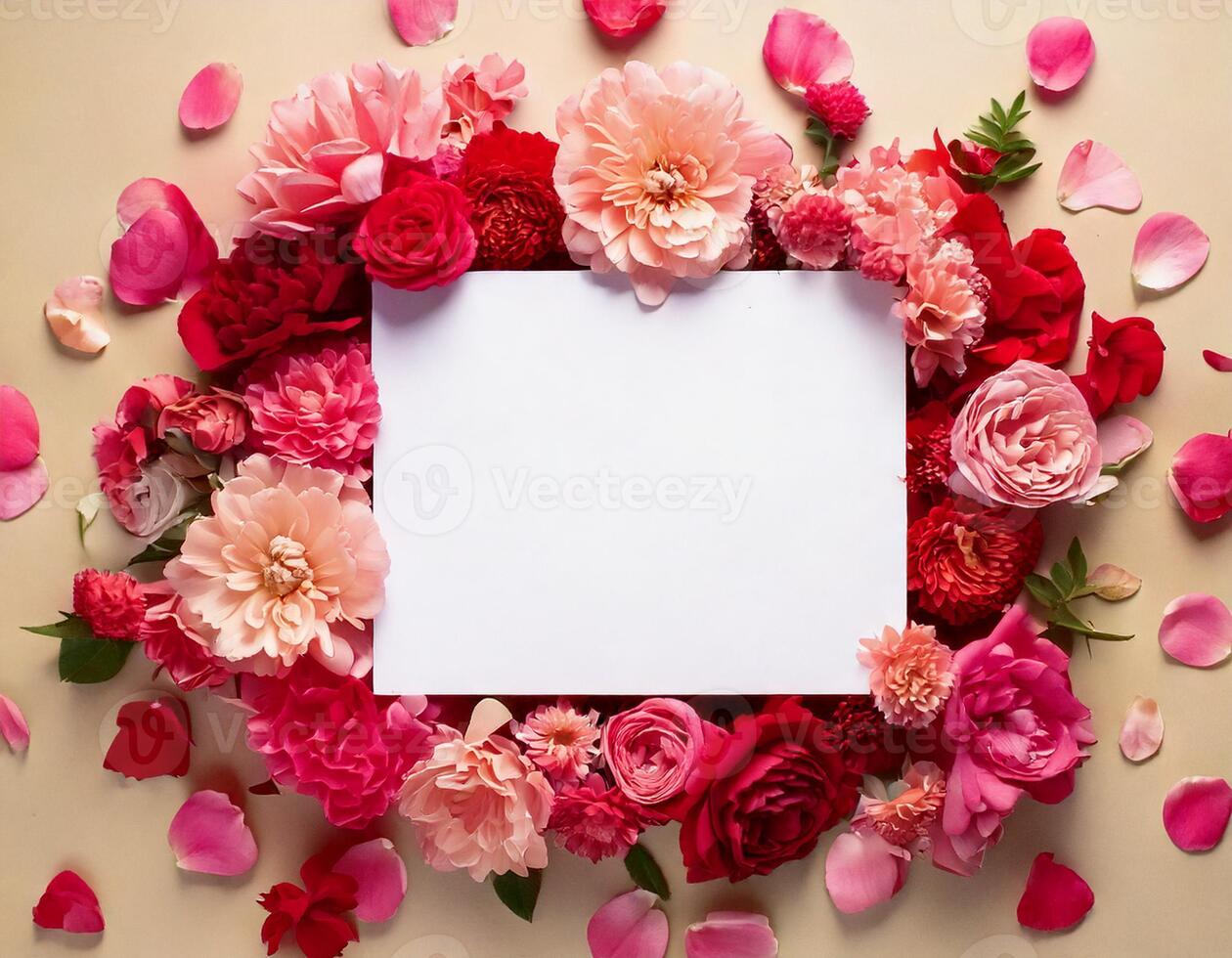 Pink flowers scattered on a soft neutral color palette with blank card, valentines day concept photo