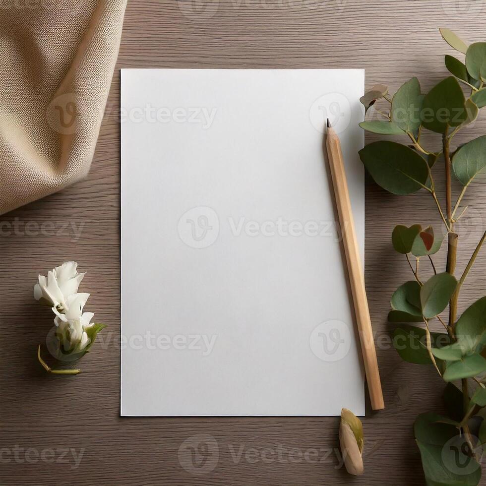Pencil and a blank drawing paper on the desk photo