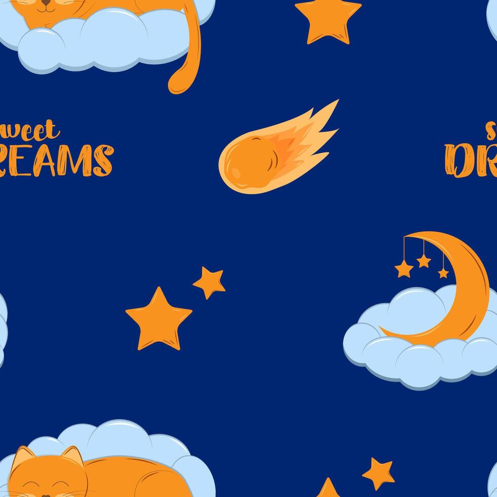 seamless pattern. Cute background with cat sleeping on a cloud, moon, stars, camel and sweet dreams inscription. Night sky, childrens print in dark blue tones vector