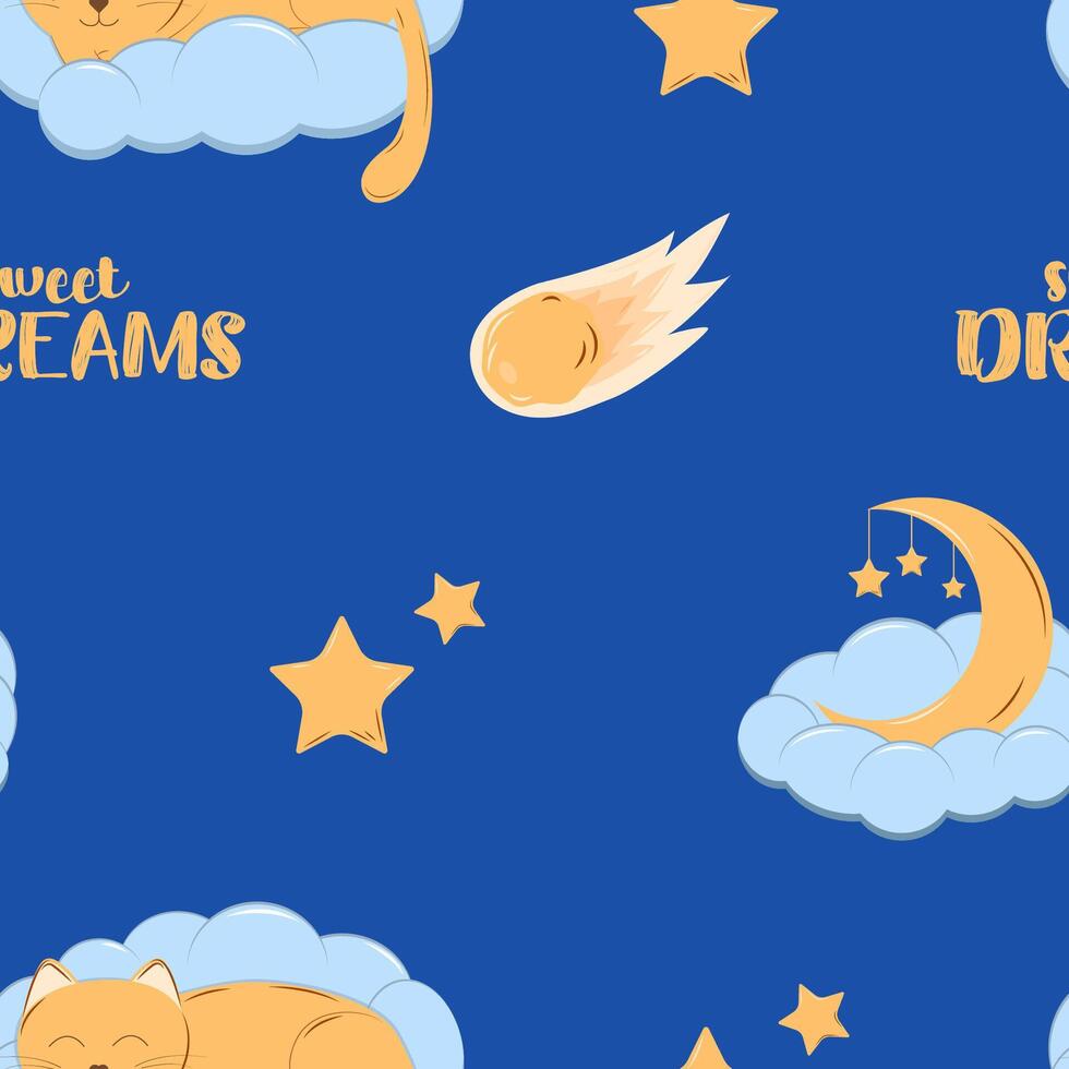 seamless pattern. Cute background with cat sleeping on a cloud, moon, stars, camel and sweet dreams inscription. Night sky, children s print in blue tones vector