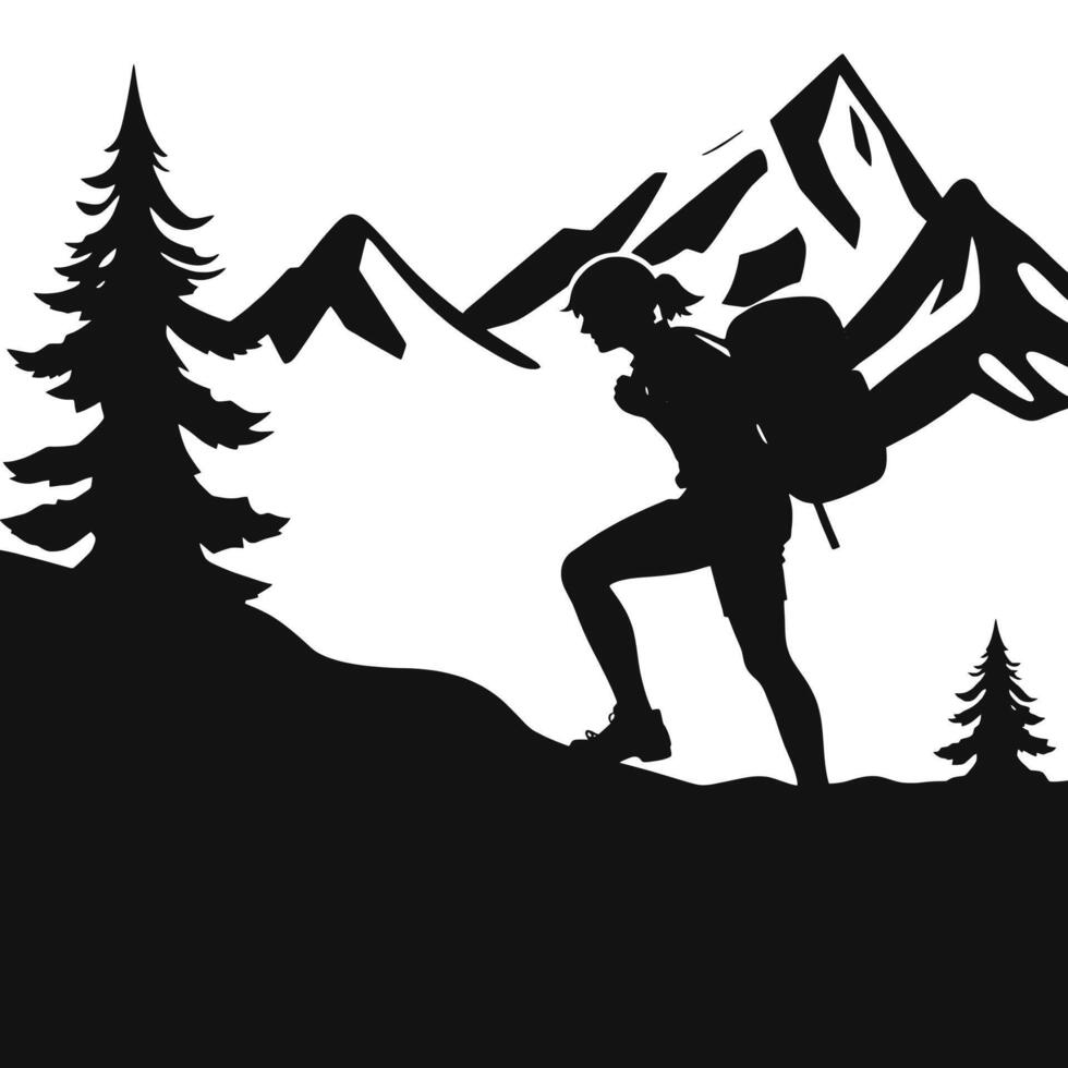 Silhouette of a woman hiking in the mountains vector