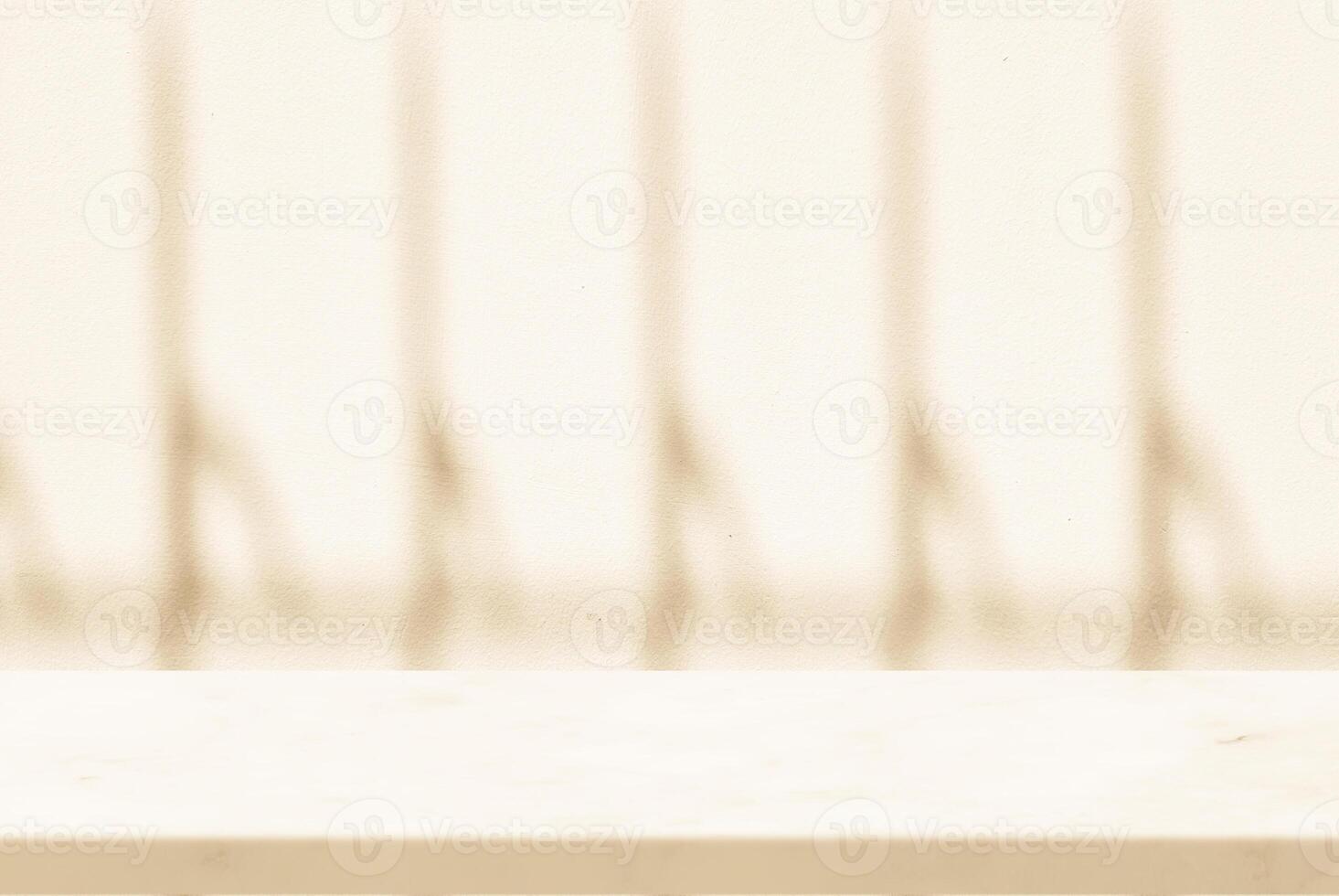Marble Table with Stucco Wall with Fence Shadow Background Beige Tone, Suitable for Product Presentation Backdrop, Display, and Mock up. photo