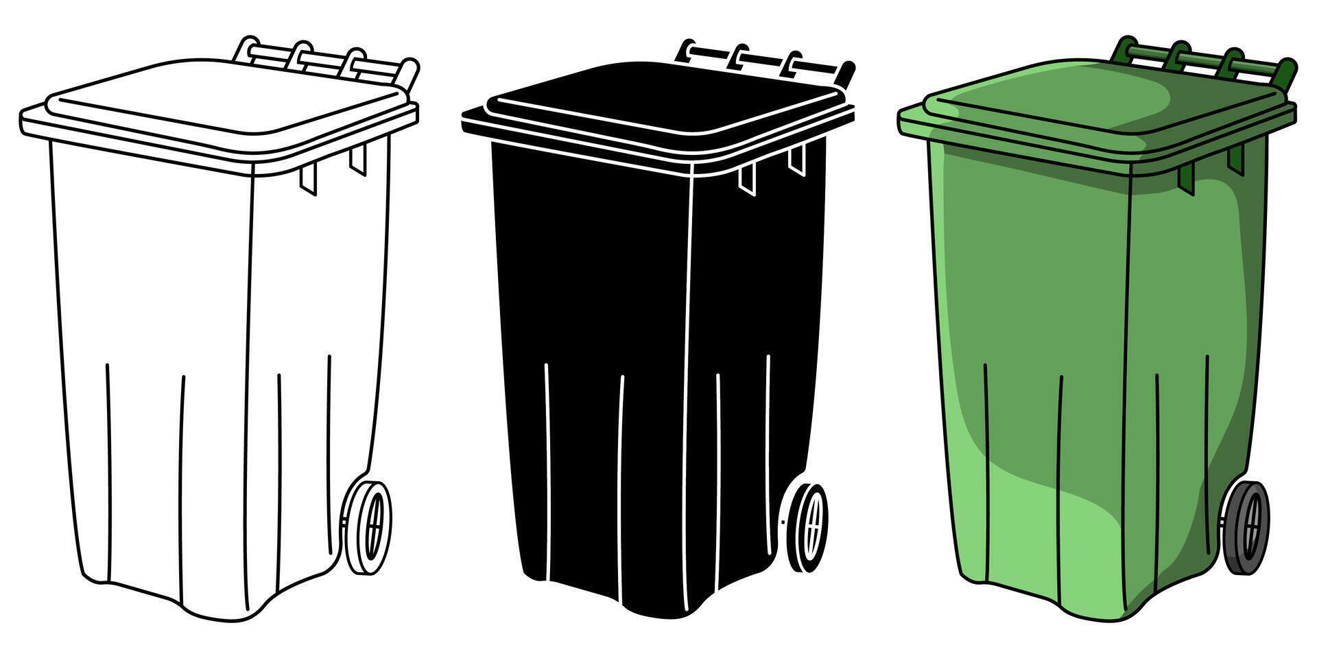 Set of 3 dimensional Wheelie Bin elements in black and white and colour cartoon versions isolated on a white background vector