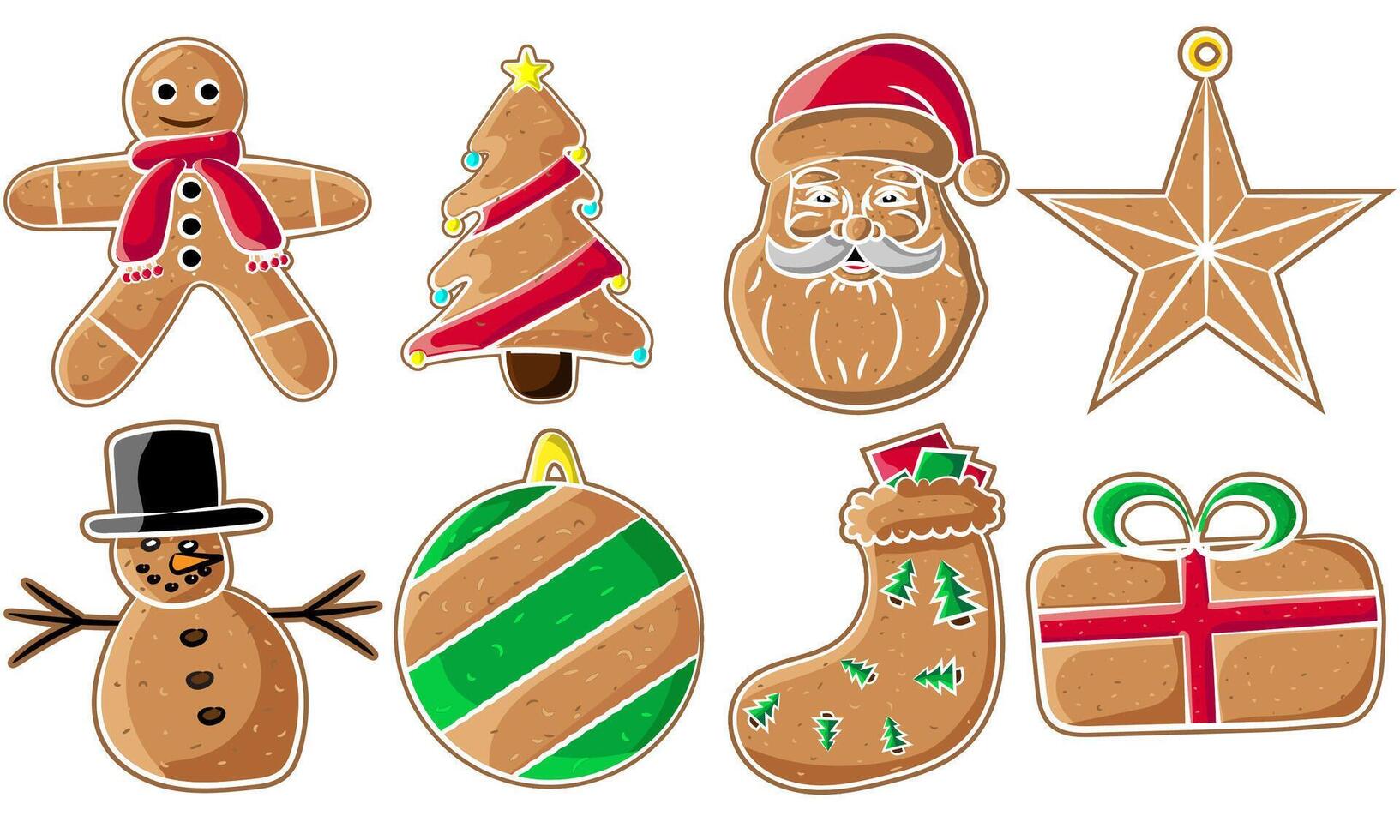 Set of gingerbread Christmas elements, Santa, Christmas Tree, Gingerbread Man, and Snowman etc isolated on a white background vector