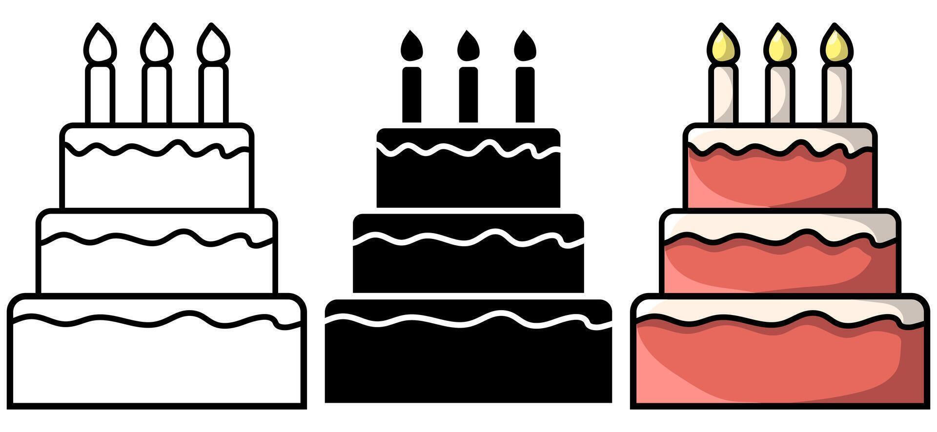3 tiered cake design elements in black and white and colour versions isolated on a white background vector