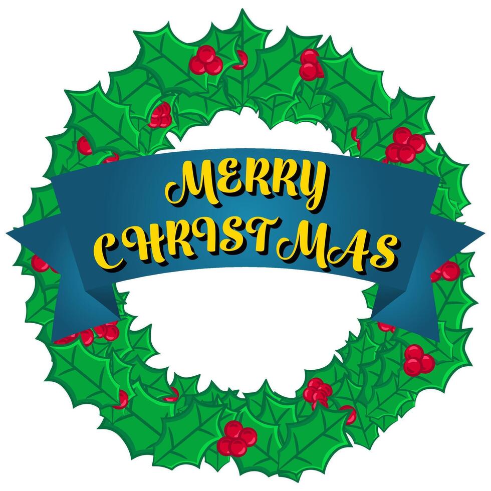 Festive Holly Wreath with a Merry Christmas banner and berries and green leaves, Xmas decoration isolated on a white background vector