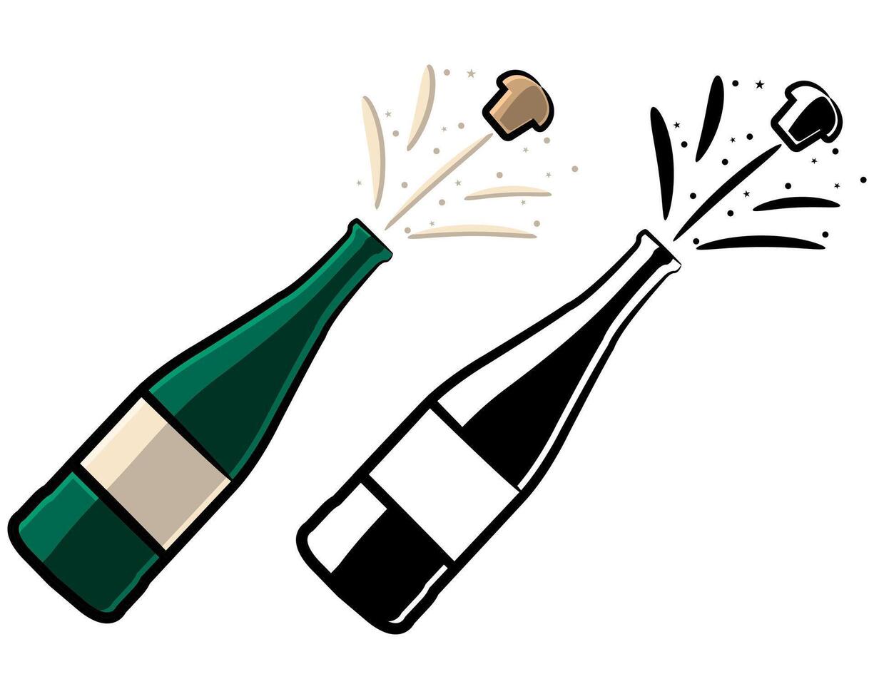 Champagne bottles with the cork popping in colour and black and white versions, isolated on a white background vector