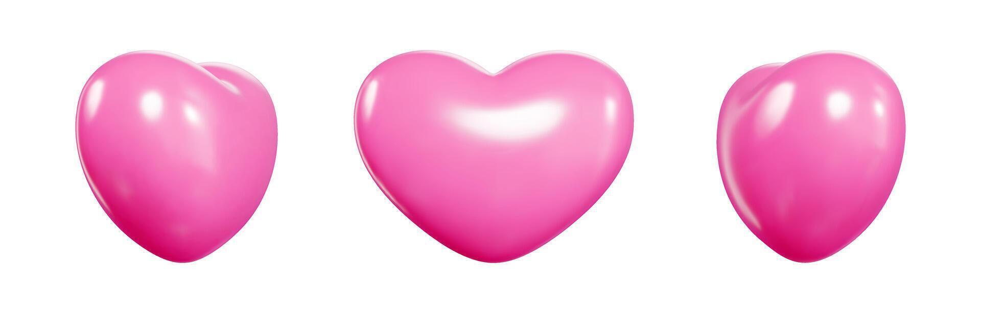 Pink glossy heart balloons set with different angles of view. Realistic 3d vector