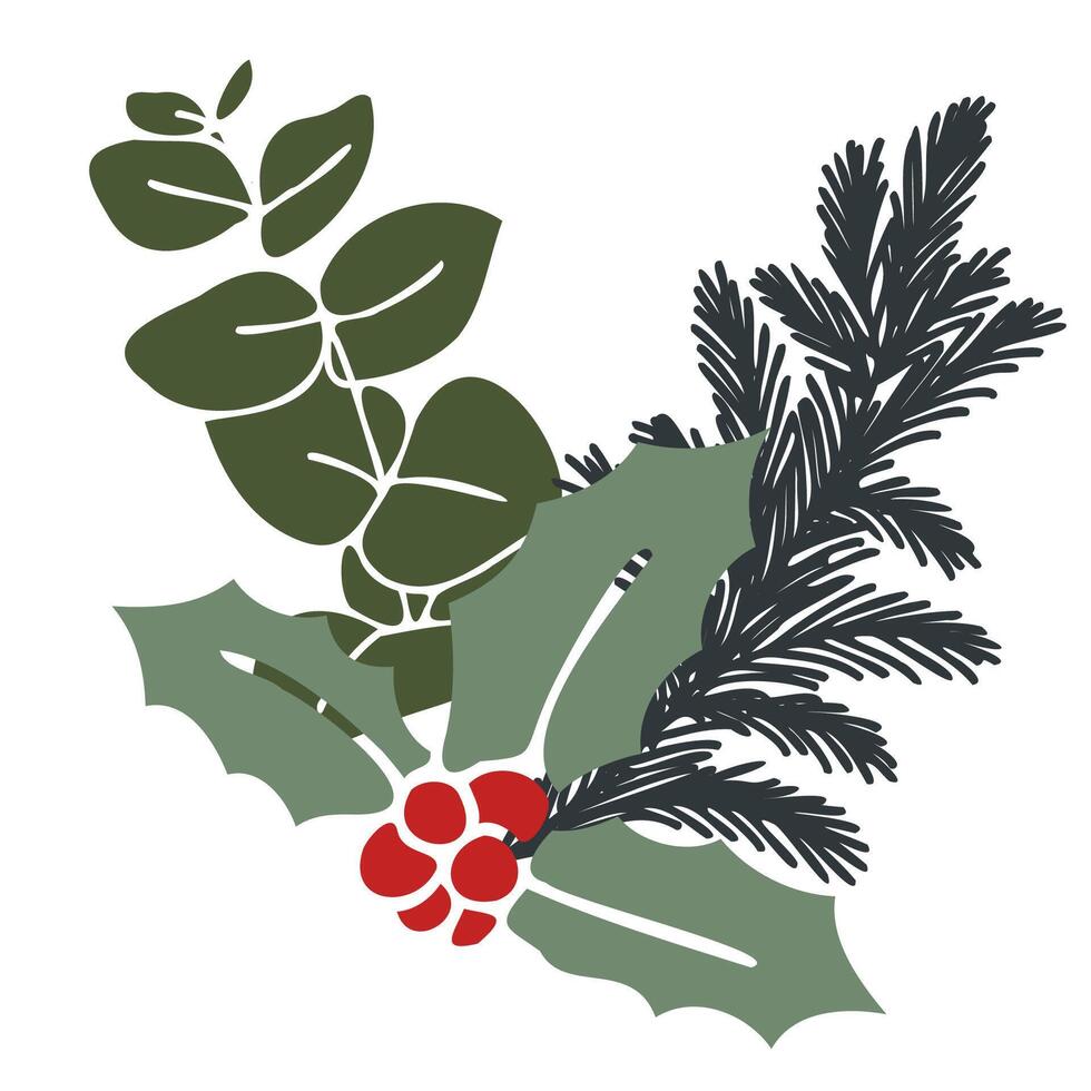 Festive Christmas hand drawn botanical illustration with holly, pine, eucalyptus, and berries in traditional holiday colors. Perfect for seasonal designs, greeting cards, and winter decor vector