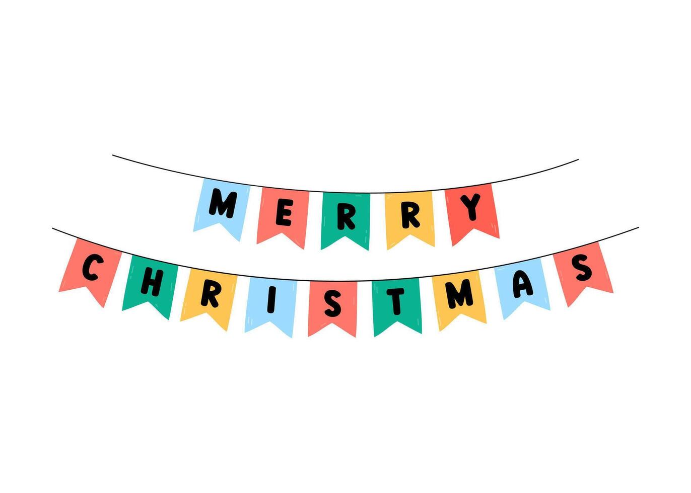 Merry Christmas banner, flags, streamer. Hanging Xmas decoration illustration for December seasonal designs and greeting cards. Flat and doodle elements. vector