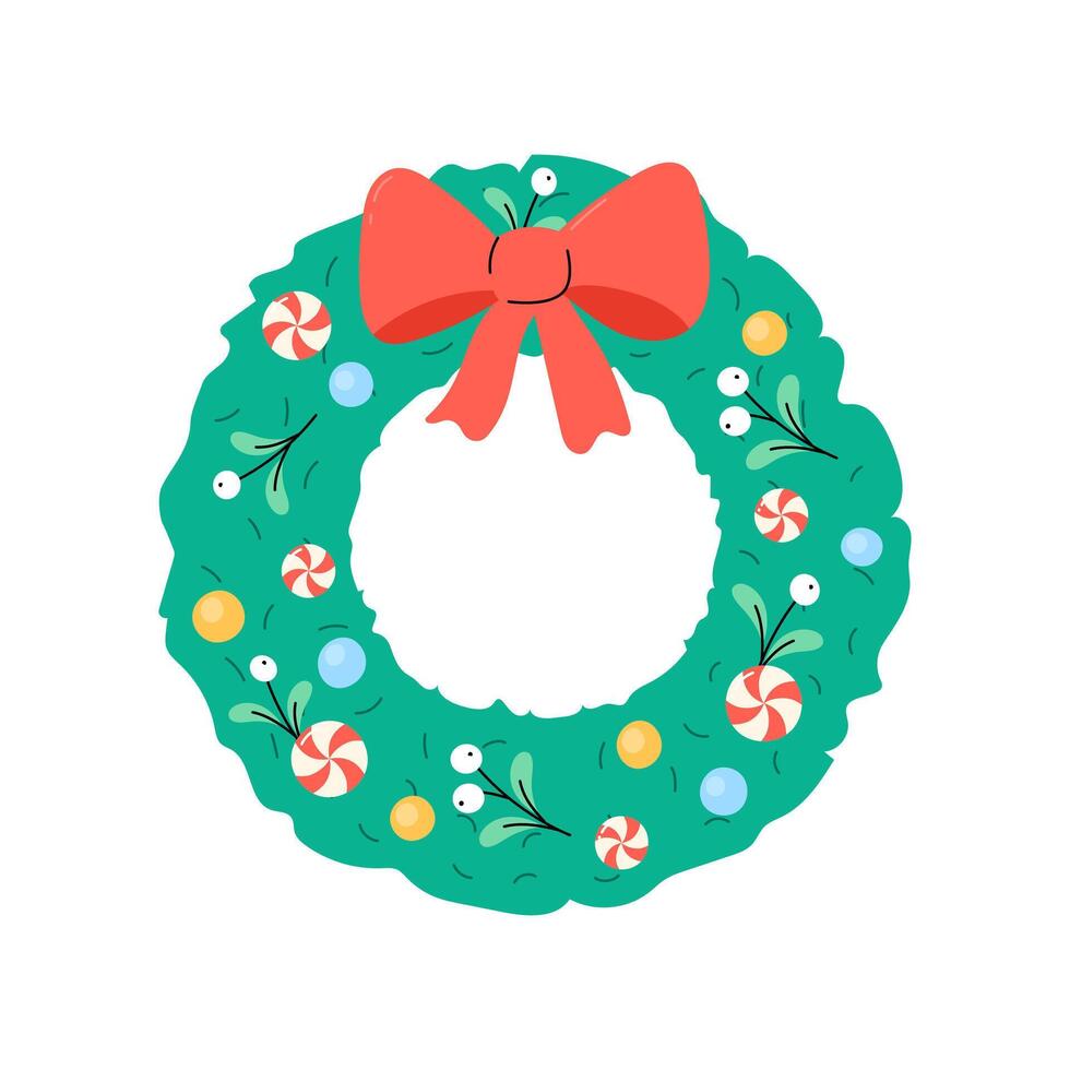 Cute Christmas wreath. Isolated illustration. Round wreath with candies, mistletoe, and bow as Xmas holiday symbol for December seasonal designs and greeting cards. Flat and doodle elements vector
