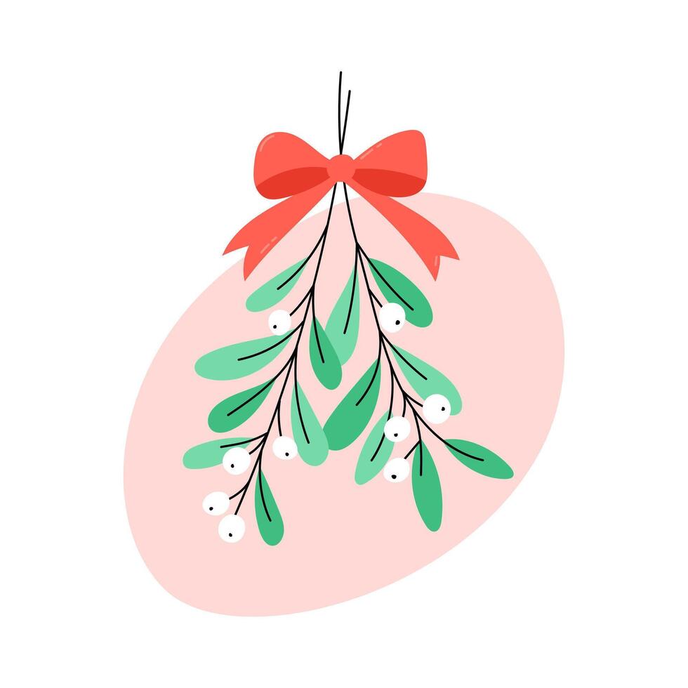 Mistletoe isolated. Cute Christmas illustration of festive branches with leaves and berries tied with bow. Xmas holiday symbol for December seasonal designs and greeting card Flat and doodle elements. vector