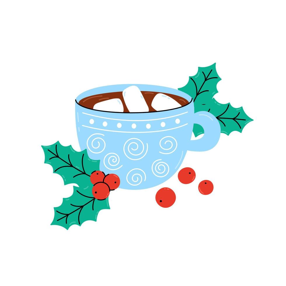 Hot chocolate mug. Beverage with marshmallows, holly berries and leaves. Cute Christmas illustration. Xmas holiday drink for December seasonal designs and greeting cards. Flat and doodle vector