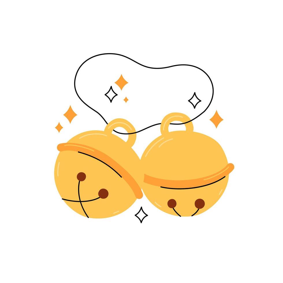 Cute jingle bells isolated Christmas illustration. Two round golden bells as Xmas holiday symbol for December seasonal designs and greeting cards. Flat and doodle elements vector