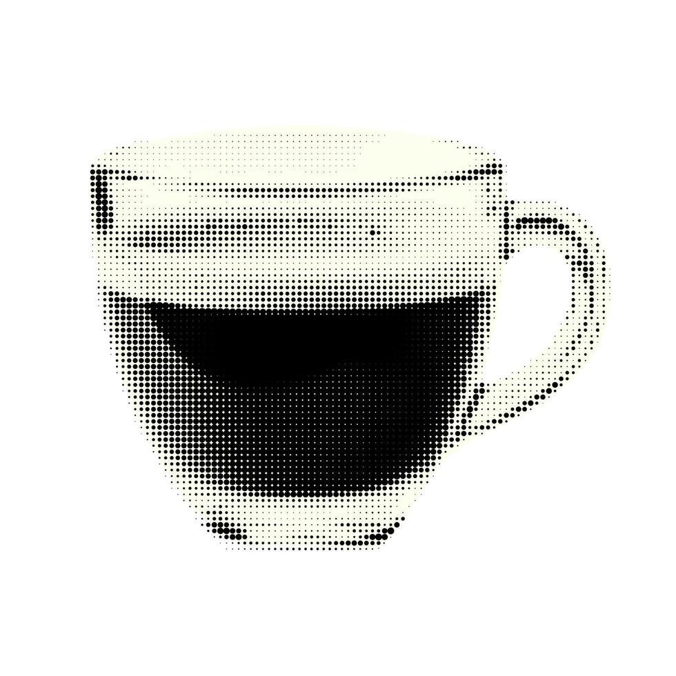 Halftone cup of coffee isolated on white background. Black dotted coffee icon. Modern halftone design. vector