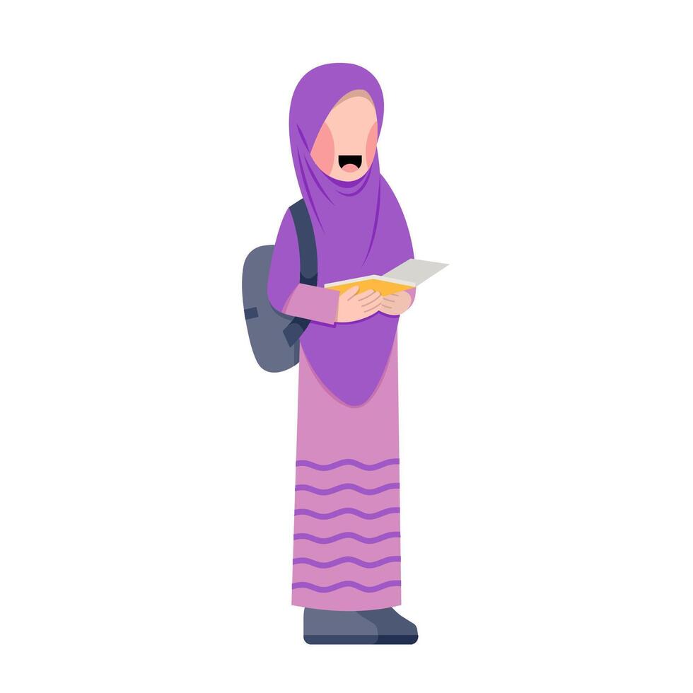Happy Muslim Student With Book And Backpack vector