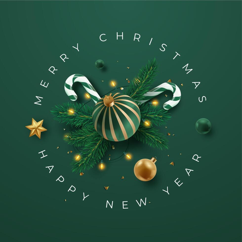 Christmas greeting with green and gold ornament, candy canes, pine branches, and festive lights arranged on a green background vector