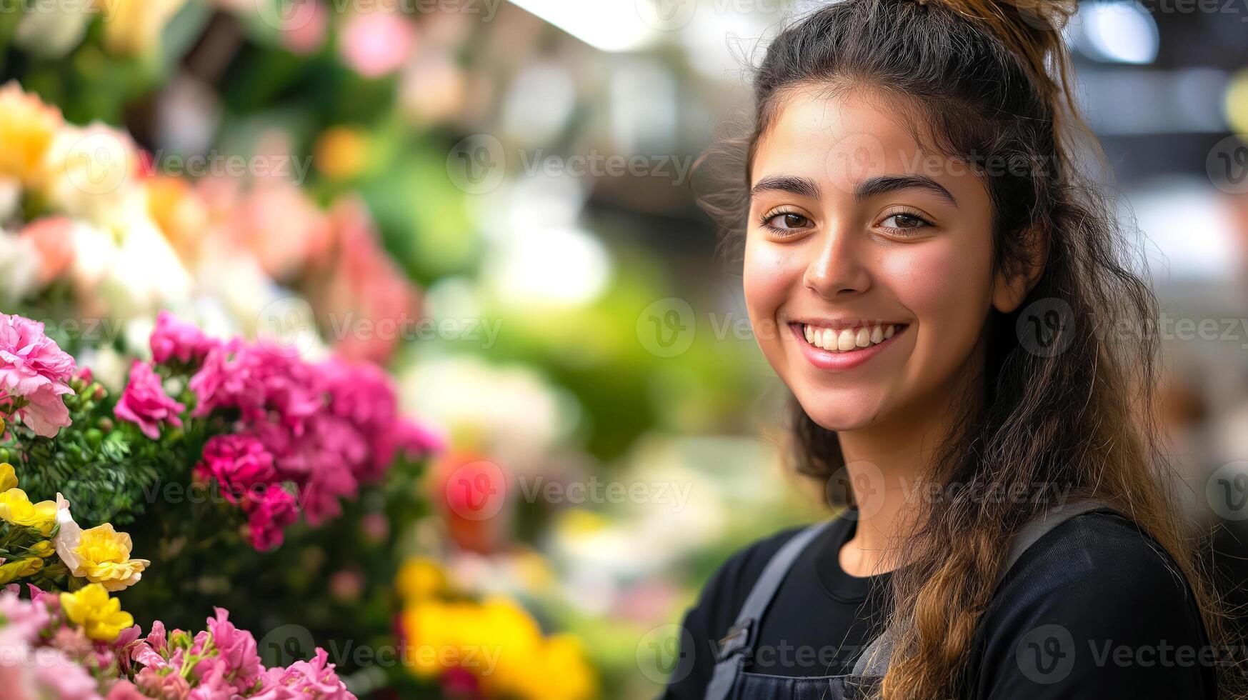 Young hispanic woman with smile, passionate florist at work in flower shop, surrounded by of vibrant blooms. Perfect for designs related to gardening, retail, small business, customer photo