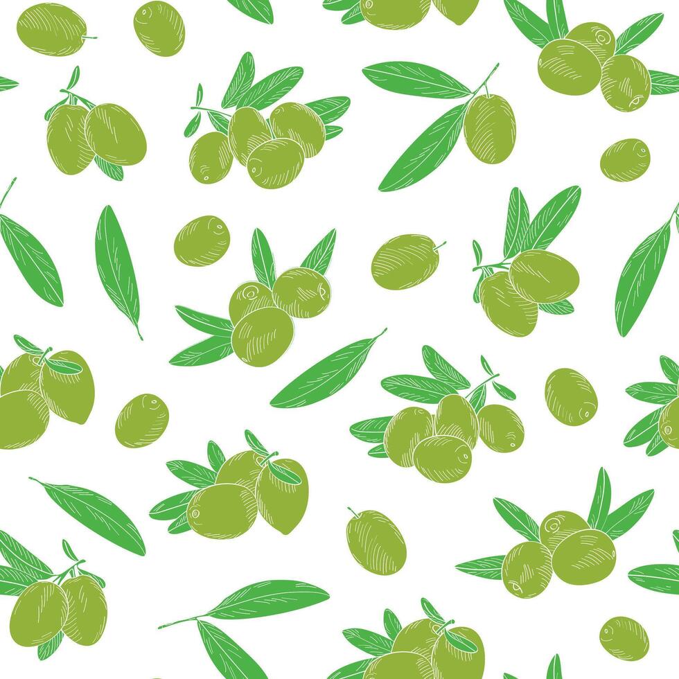 Pattern of olives. Illustration in hand drawn style. Can be used to create packaging, covers, backgrounds, cards, textiles,. Seamless endless. vector