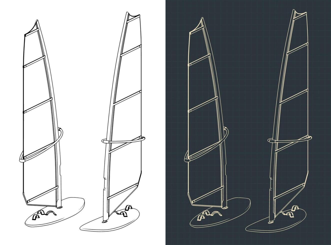 Windsurfing board isometric blueprints vector